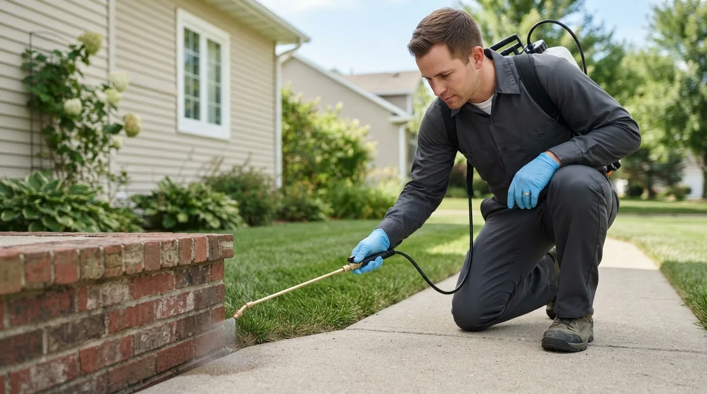 Pest control technician treating a home near Sellersburg, IN